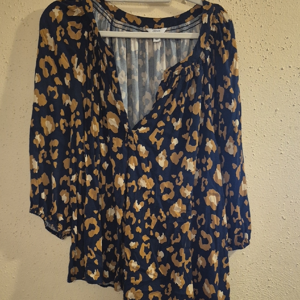 crown & ivy Navy and Tan Patterned Blouse